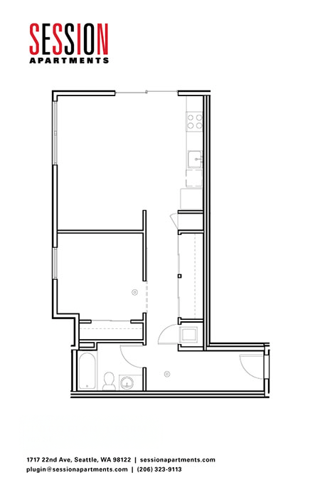 Floor plan for 1 bed, 1 bath, 685 sqft